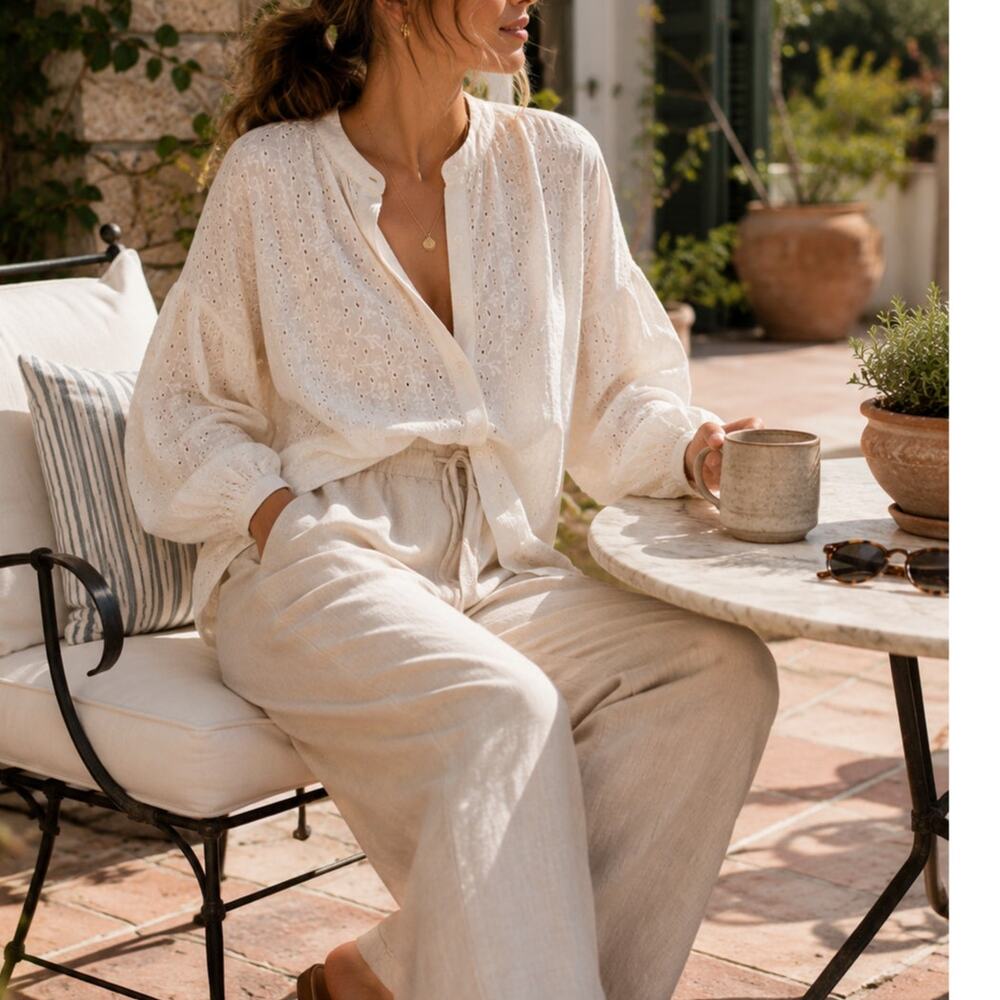 Free People Maddison Eyelet Cotton Blouse Ivory white Oversized Balloon XL - Picture 6 of 15